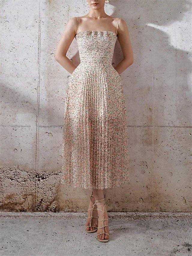 A-Line Minimalist Floral Holiday Prom Dress Spaghetti Strap Sleeveless Tea Length Polyster with Pleats Pattern / Print - RongMoon
