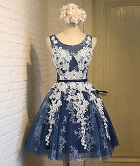 Cute round neck lace tulle dark blue short prom dress, bridesmaid dress - RongMoon