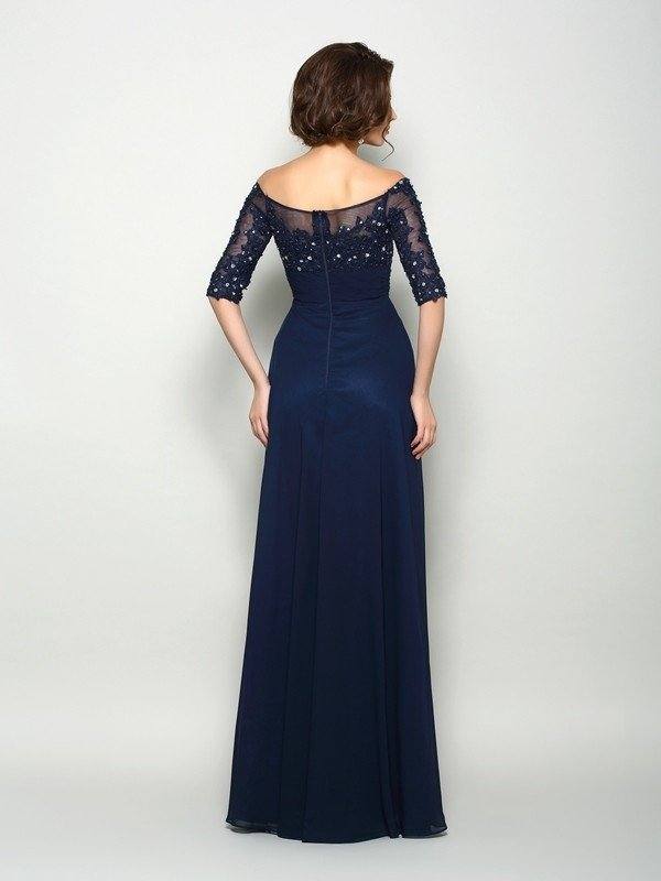 A-Line/Princess Off-the-Shoulder Beading 1/2 Sleeves Long Chiffon Mother of the Bride Dresses - RongMoon