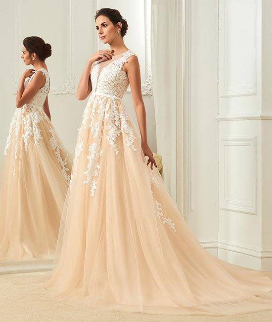 Champagne round neck tulle lace applique long prom dress, champagne evening dress - RongMoon