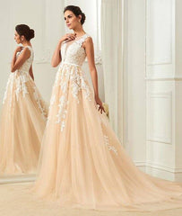 Champagne round neck tulle lace applique long prom dress, champagne evening dress - RongMoon