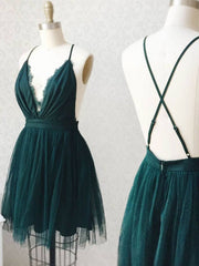 Green tulle lace short prom dress, green tulle lace homecoming dress - RongMoon
