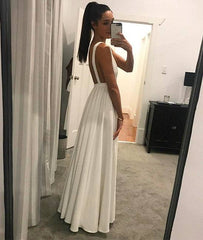White v neck backless long prom dress, white evening dress - RongMoon