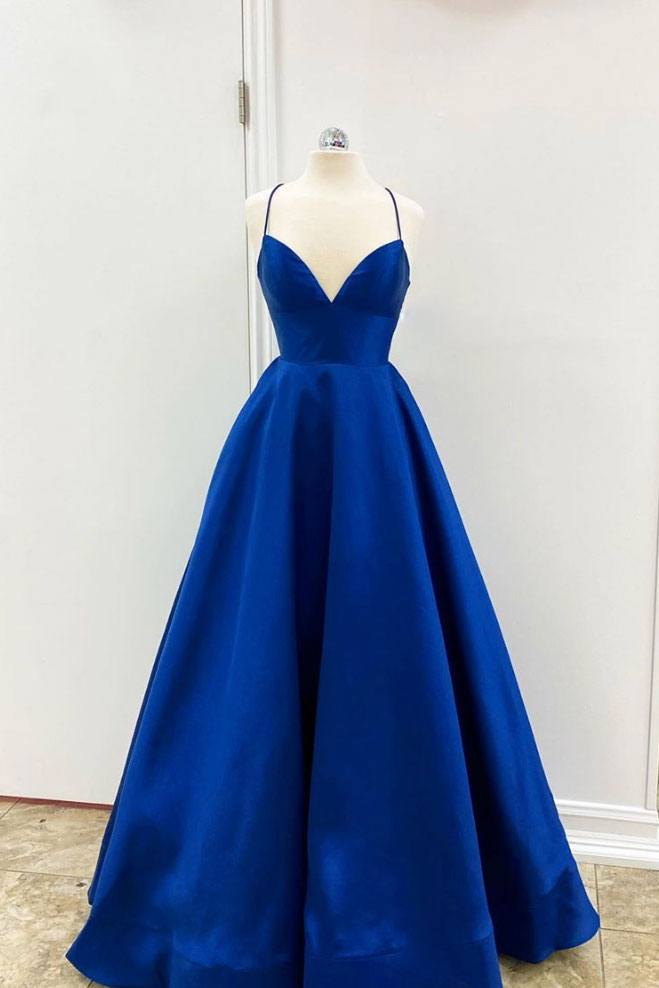 Simple v neck blue satin long prom dress blue evening dress - RongMoon