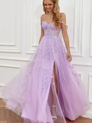Off The Shoulder Lavender Appliques Prom Dress With Slit