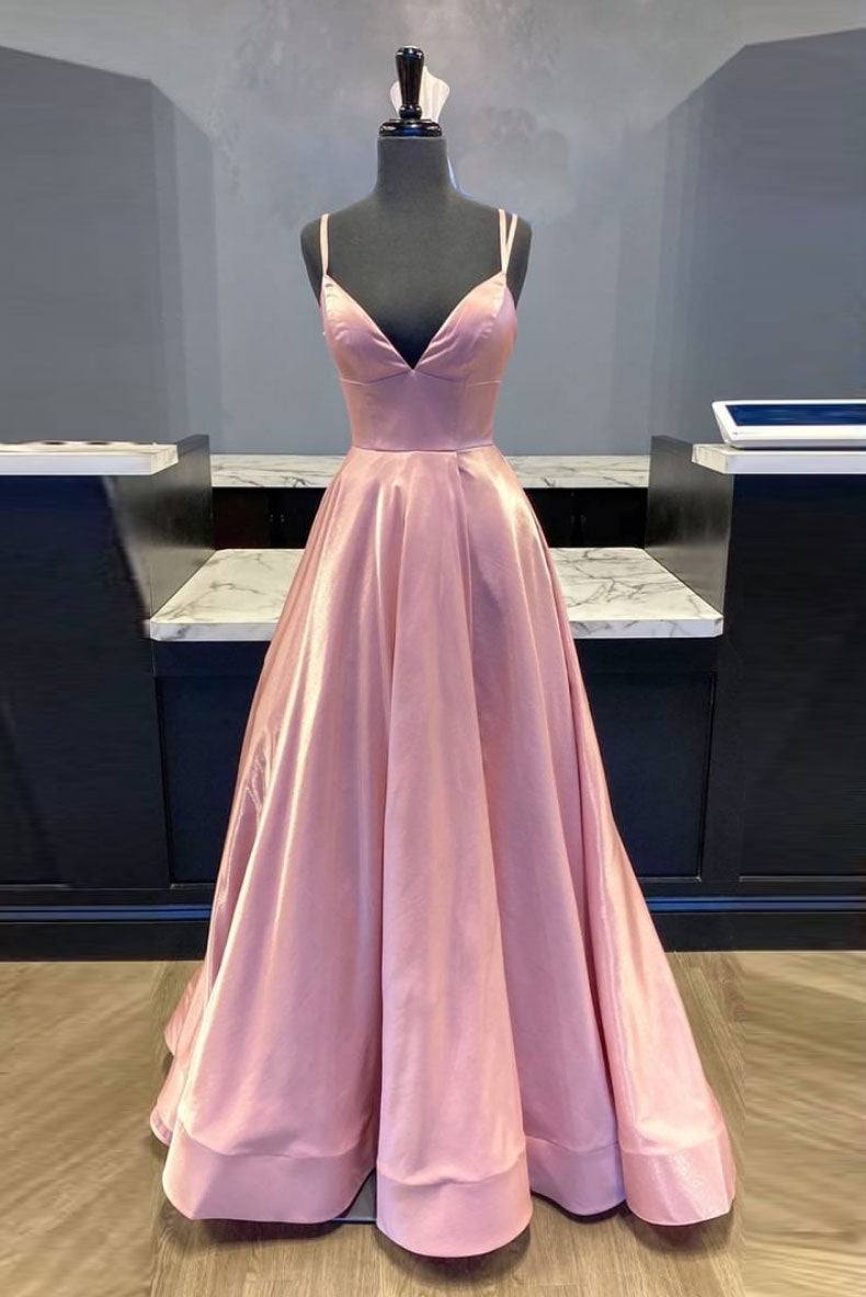 Simple v neck pink satin long prom dress pink formal dress - RongMoon