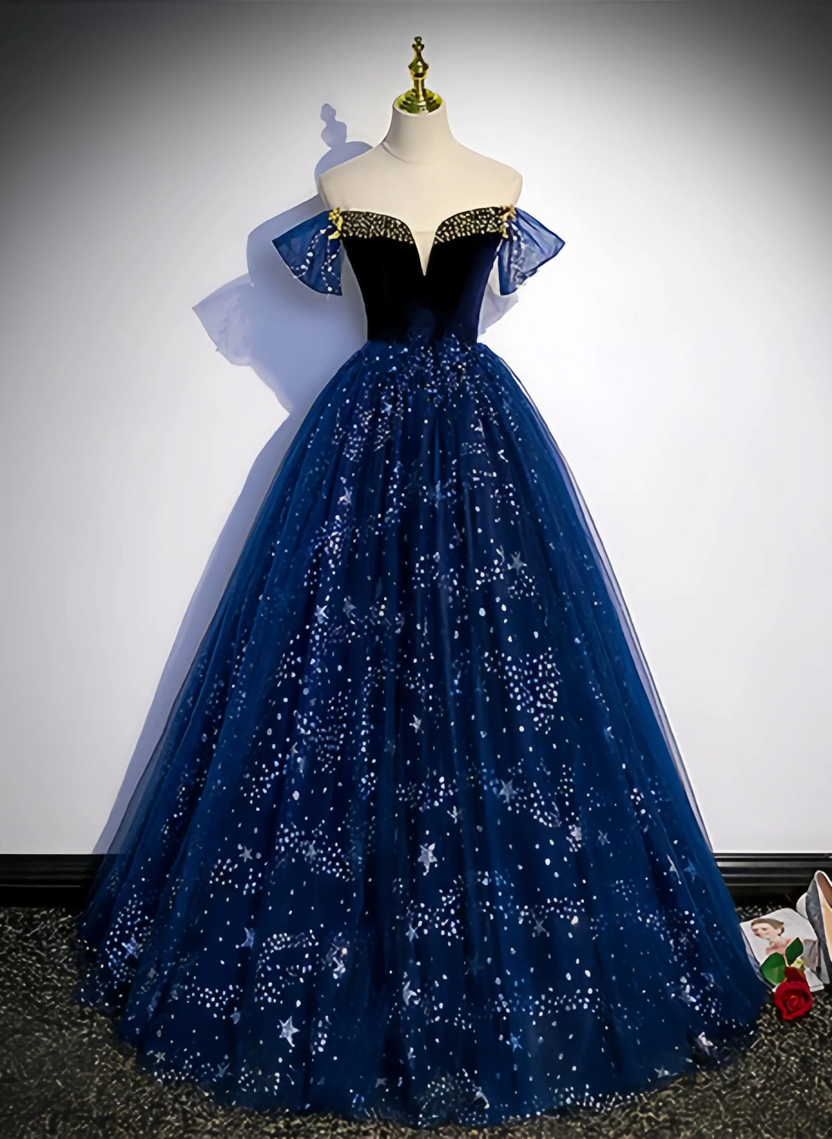 Blue Ball Gown Beading Off The Shoulder Prom Dress