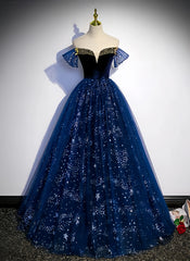 Blue Ball Gown Beading Off The Shoulder Prom Dress
