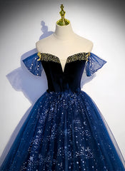 Blue Ball Gown Beading Off The Shoulder Prom Dress
