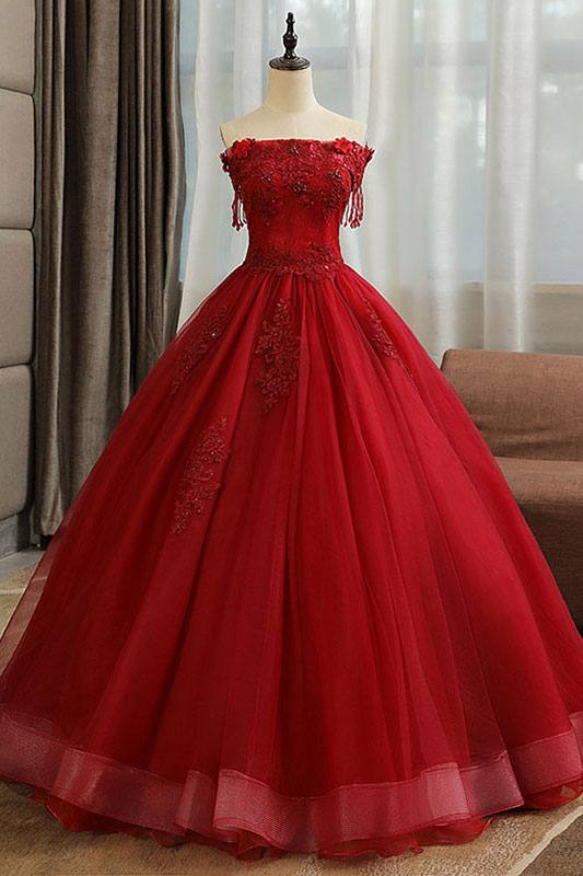 Burgundy tulle lace long prom dress burgundy tulle formal dress - RongMoon