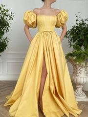 Yellow A line satin long prom dress, yellow evening dress - RongMoon