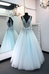 Blue v neck tulle lace long prom dress blue tulle formal dress - RongMoon