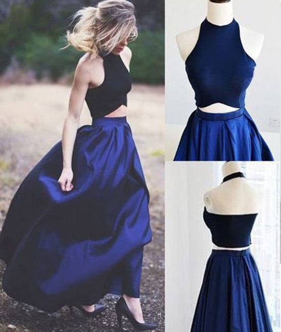 Simple dark blue two pieces long prom dress, evening dress - RongMoon