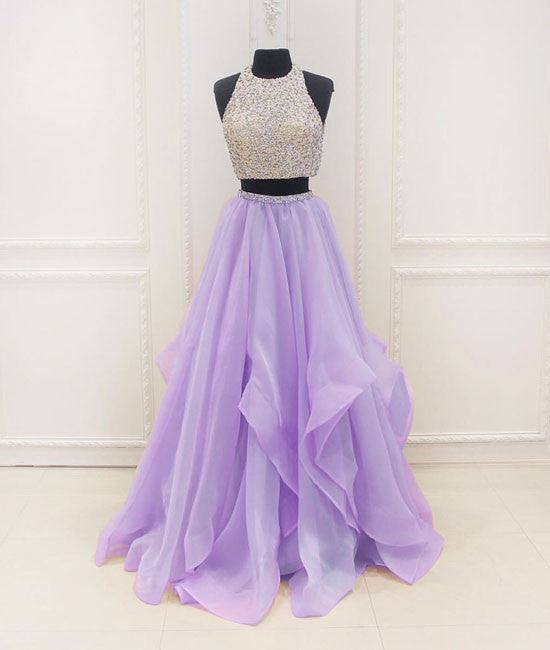 unique two pieces sequin purple long prom dress, purple evening dress - RongMoon