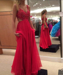 Red A-line chiffon lace long prom dress, red evening dress - RongMoon