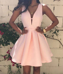 Pink v neck short prom dress, cute homecoming dress - RongMoon