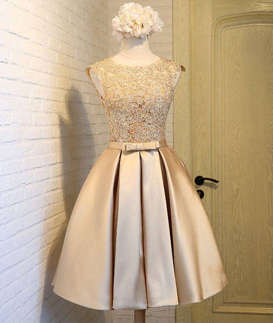 Champagne lace short prom dress, cute homecoming dress - RongMoon