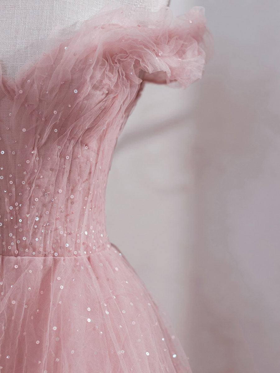 Pink off shoulder tulle sequin long prom dress, pink formal dress - RongMoon