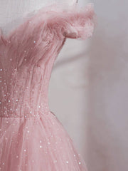 Pink off shoulder tulle sequin long prom dress, pink formal dress - RongMoon