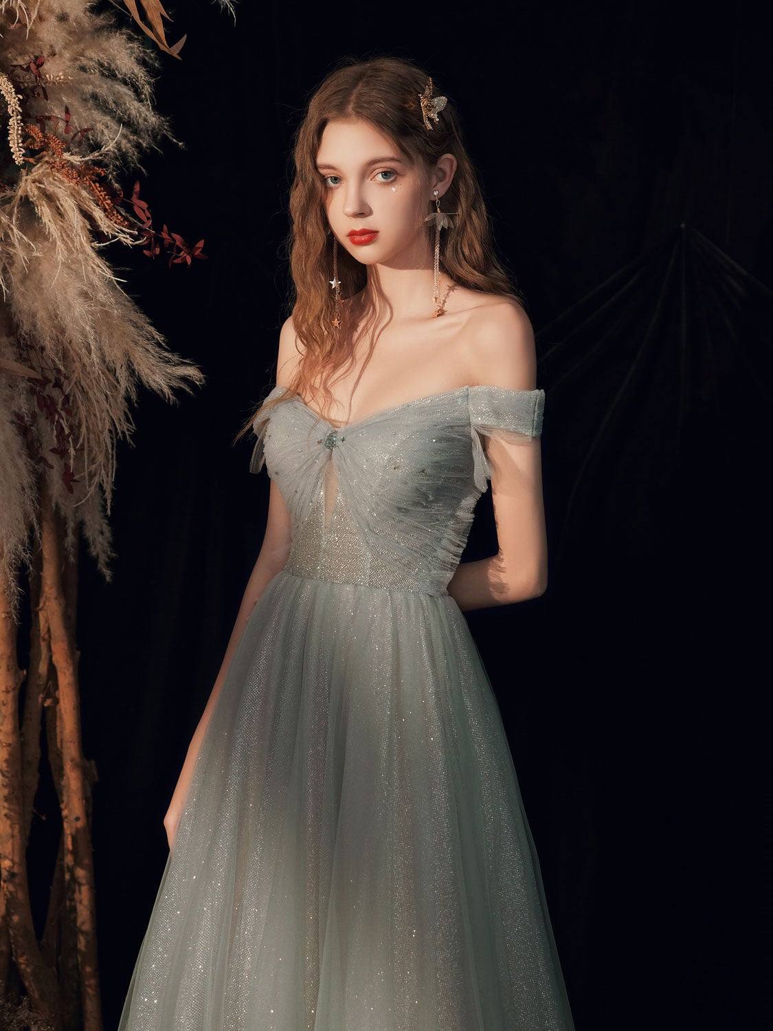 Gray  tulle off shoulder long prom dress, gray tulle formal dress - RongMoon