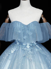 Blue sweetheart neck tulle lace long prom dress, blue evening dress - RongMoon