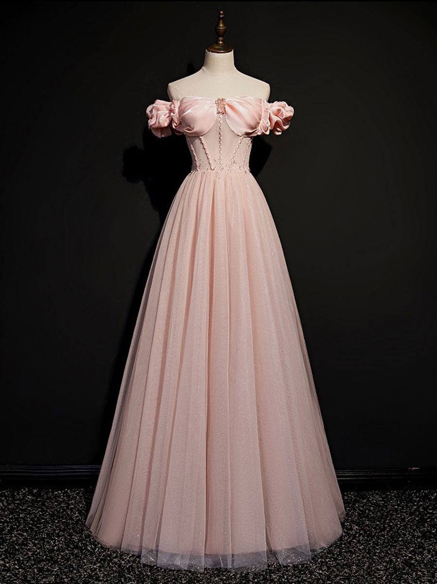 Pink tulle off shoulder long prom dress, pink tulle formal dress - RongMoon