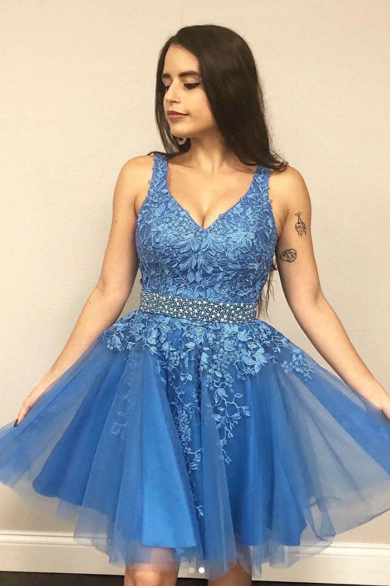 Blue v neck tulle lace short prom dress blue lace homecoming dress - RongMoon