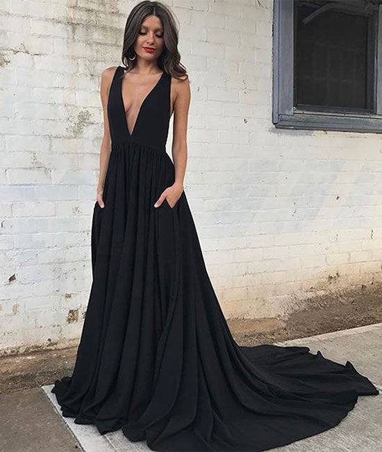 Black v neck chiffon long prom dress, black evening dress - RongMoon