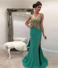 Green v neck sequin mermaid long prom dress, green evening dress - RongMoon