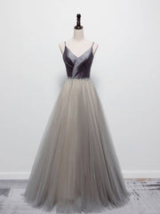 Simple gray v neck tulle long prom dress, gray tulle formal dress - RongMoon