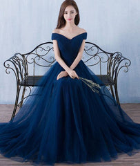 Simple A-line dark blue tulle long prom for teens, blue bridesmaid dress - RongMoon