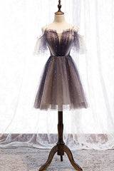 Cute tulle short prom dress tulle lace gray homecoming dress - RongMoon