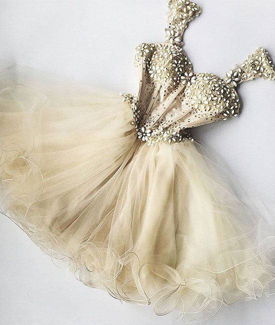 Champagne sweetheart tulle short prom dress, cute homecoming dress - RongMoon
