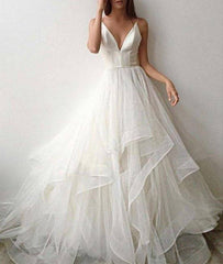 White tulle v neck long prom dress, white tulle evening dress - RongMoon