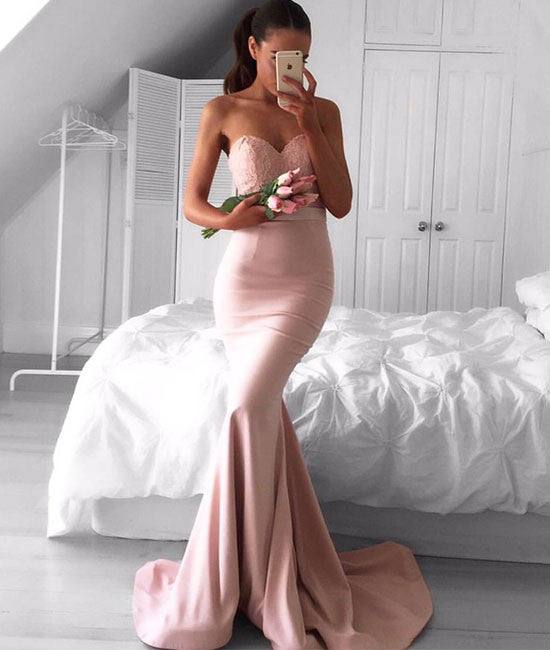 Pink sweetheart neck lace mermaid long prom dress, pink bridesmaid dress - RongMoon