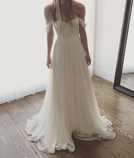 Simple sweetheart neck chiffon white long prom dress, bridesmaid dress - RongMoon