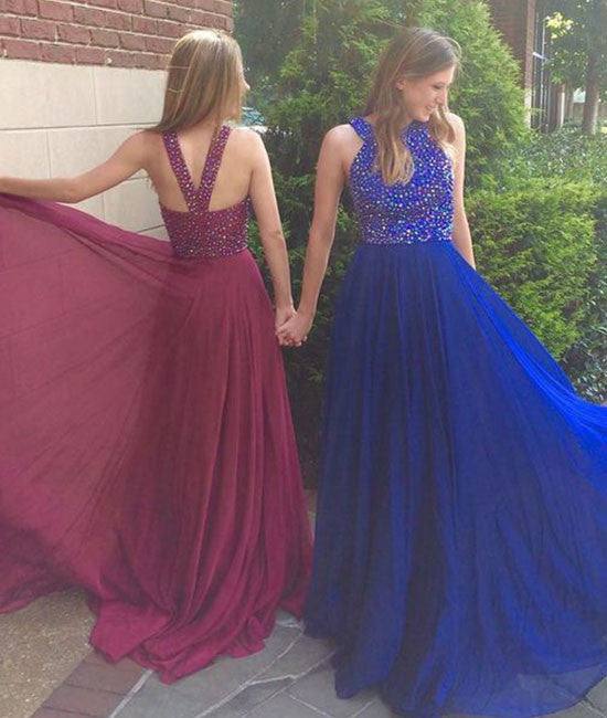 Blue beading chiffon long prom dress for teens, evening dress - RongMoon
