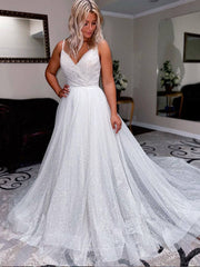 Simple white A-line sequin long prom dress, white evening dress - RongMoon