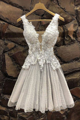 Gray tulle lace short prom dress, gray tulle lace homecoming dress - RongMoon