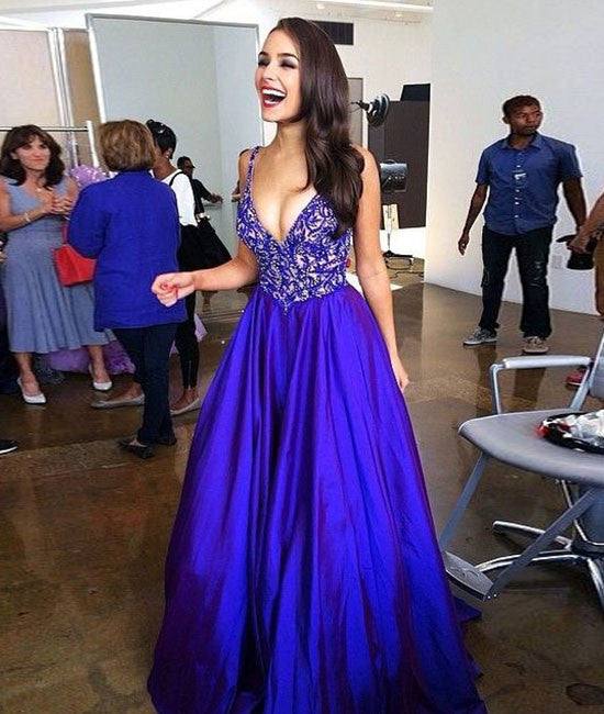 Custom made blue v neck lace long prom dress, evening dress - RongMoon