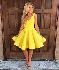 Cute yellow v neck short prom dress, yellow homecoming dress - RongMoon