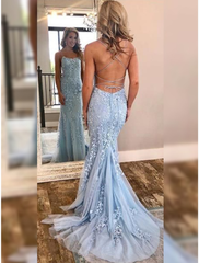 Mermaid / Trumpet Prom Dresses Open Back Dress Prom Court Train Sleeveless Halter Tulle Backless with Appliques