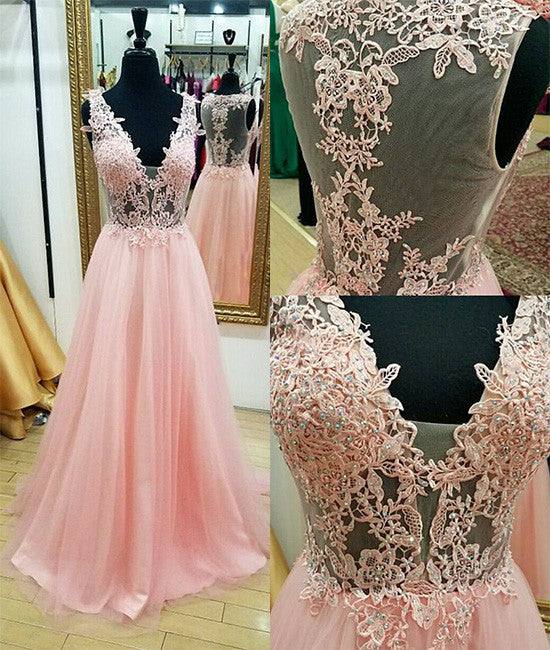 Pink v neck lace long prom dress, pink evening dress - RongMoon