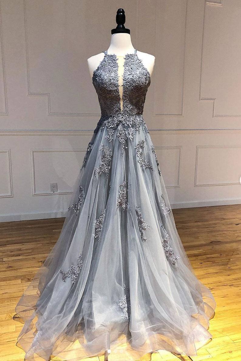 Gray tulle lace long prom dress gray tulle lace formal dress - RongMoon