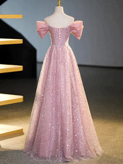 Off the Shoulder Pink Sequin Sparkle Prom Dress