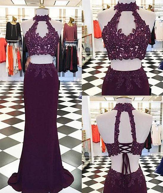 Burgundy two pieces lace long prom dress, evening dress - RongMoon