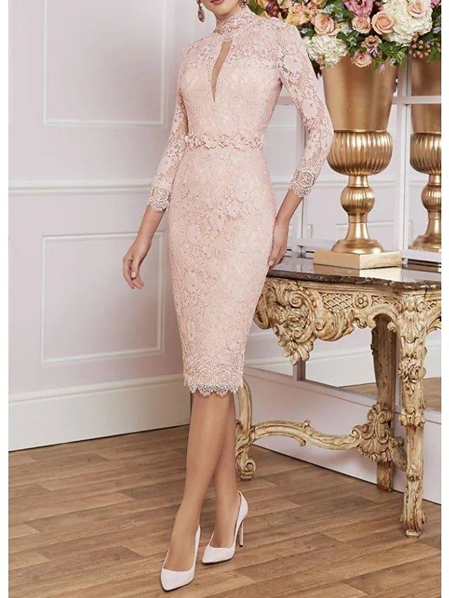 Sheath / Column Mother of the Bride Dress Elegant High Neck Knee Length Lace 3/4 Length Sleeve with Lace Appliques - RongMoon