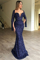 Trumpet Mermaid Royal Blue Long Sleeve Sequin Prom Dress