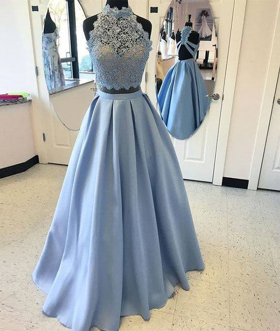 Blue two pieces lace long prom dress, blue lace evening dress - RongMoon