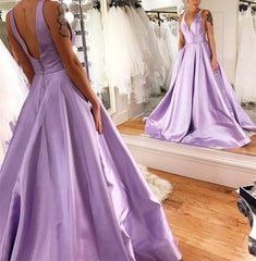 Light Blue Long Satin V-neck Dresses - RongMoon